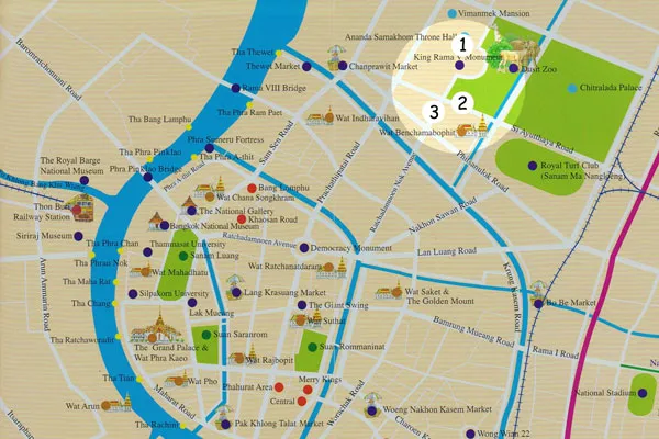 Tajlandia | Główne punkty obchodów królewskiego jubileuszu: Royal Plaza (1), Si Ayutthaya Road (2) i Ratchadamnoen Nok Avenue (3)